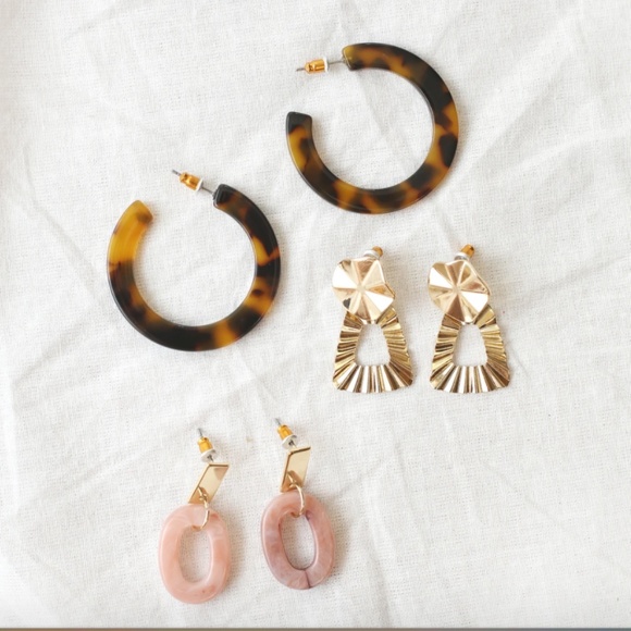 Tortoise, Pink, Gold Earrings Trio Set - Picture 1 of 1